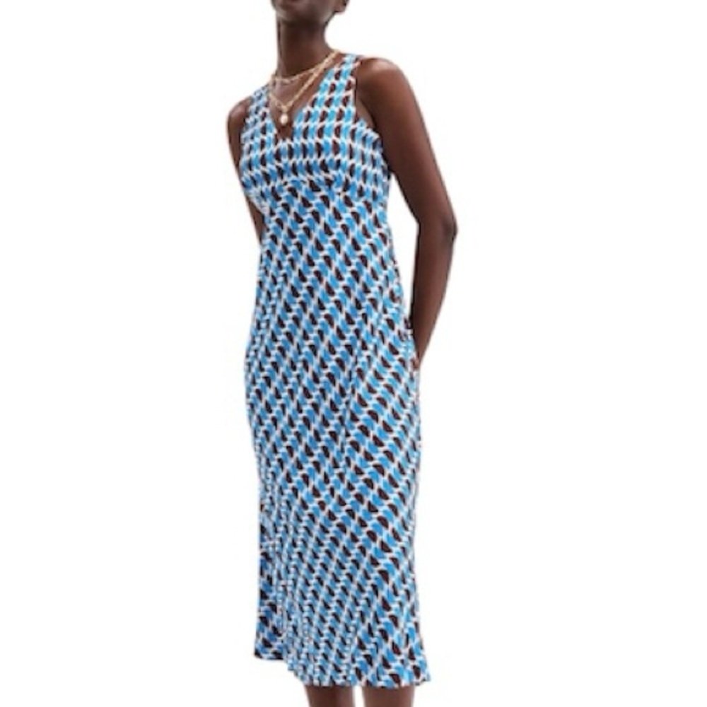 On 34th Geometric Print Midi Dress Sleeveless V Neck Blue Brown Size 10 NWT